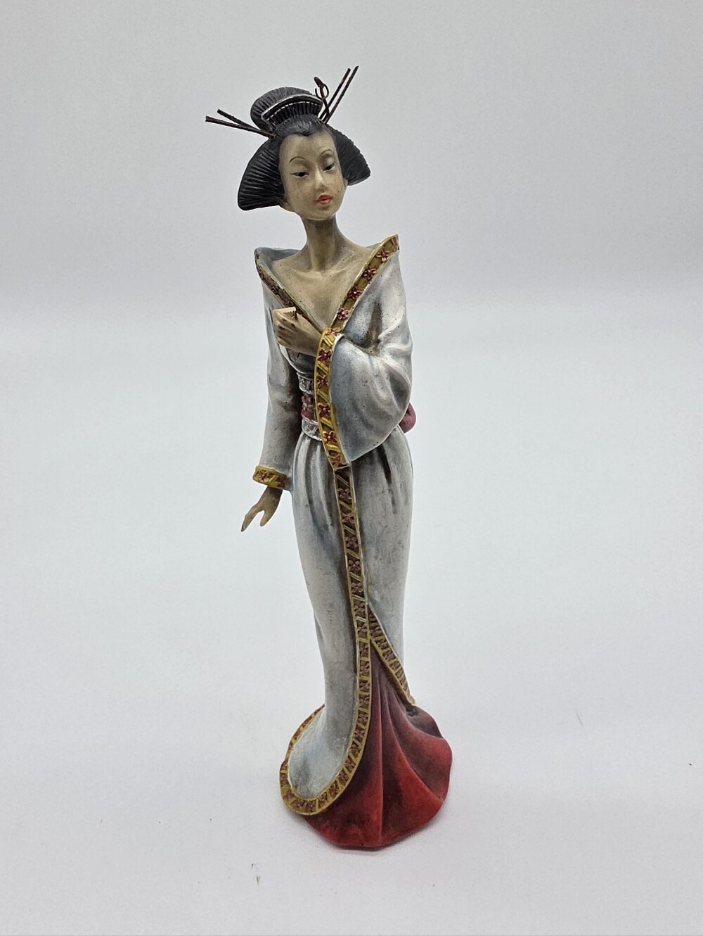 12" Tall Vintage Resin Geisha Figurine in White and Red